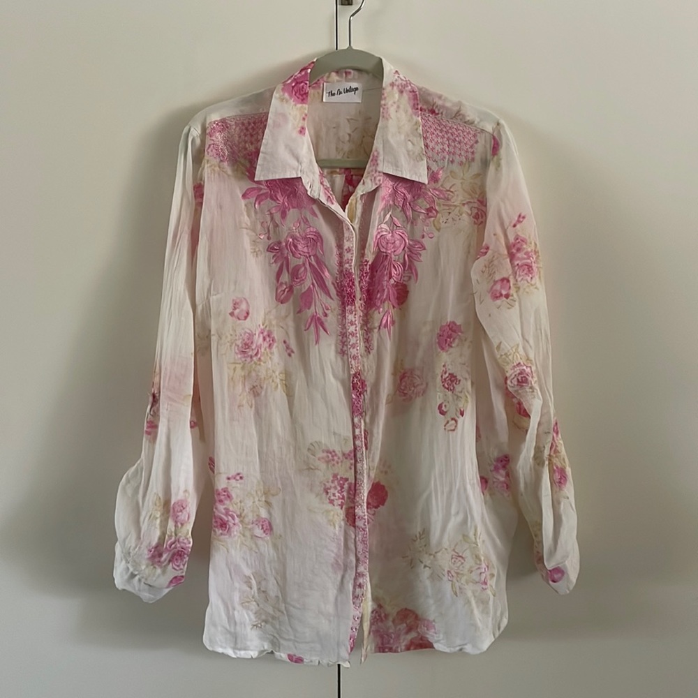 Pink and beige floral, semi sheer button down shirt